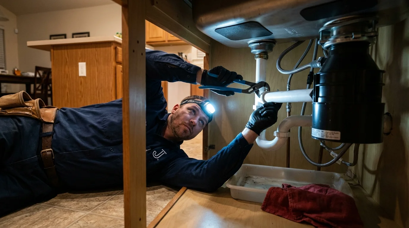P-trap and supply line connections under a kitchen sink showing a common leak point in Dayton, KY